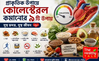 কোলেস্টেরল নিয়ন্ত্রণে স্বাস্থ্যকর খাবার, ব্যায়াম, ওজন নিয়ন্ত্রণ ও হৃদ্‌স্বাস্থ্য সচেতনতার প্রতীকী ছবি