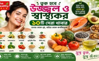 উজ্জ্বল ও স্বাস্থ্যকর ত্বকের জন্য মাছ, অ্যাভোকাডো, আখরোট, মিষ্টি আলু, ব্রোকলি, টমেটো এবং গ্রিন টিসহ পুষ্টিকর খাবারের প্রতীকী ছবি
