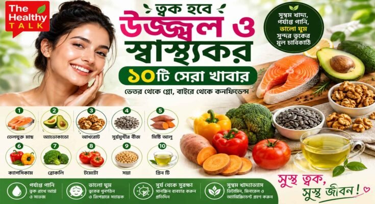 উজ্জ্বল ও স্বাস্থ্যকর ত্বকের জন্য মাছ, অ্যাভোকাডো, আখরোট, মিষ্টি আলু, ব্রোকলি, টমেটো এবং গ্রিন টিসহ পুষ্টিকর খাবারের প্রতীকী ছবি