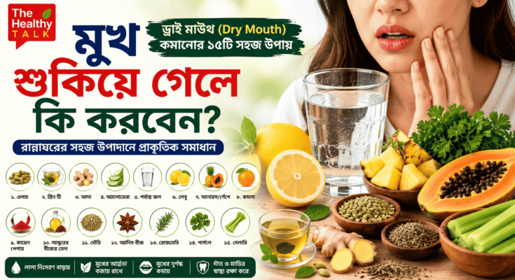 মুখের শুষ্কতা বা ড্রাই মাউথ কমাতে জল, এলাচ, আদা, লেবু, মৌরি ও অন্যান্য ঘরোয়া উপাদানের প্রতীকী ছবি