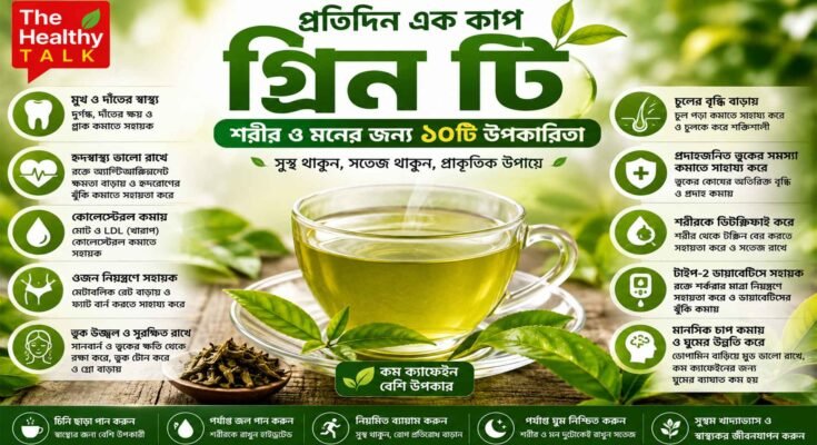 এক কাপ গ্রিন টি, সবুজ চা পাতা এবং প্রতিদিন গ্রিন টি পান করার সম্ভাব্য স্বাস্থ্য উপকারিতার প্রতীকী ছবি
