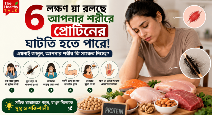 প্রোটিনের ঘাটতির লক্ষণ যেমন ক্লান্তি, চুল পড়া, পেশী কমে যাওয়া এবং বারবার অসুস্থ হওয়ার প্রতীকী ছবি