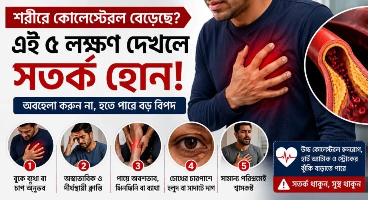 কোলেস্টেরল বেড়ে গেলে বুকে চাপ, ক্লান্তি, পায়ে ব্যথা, চোখের চারপাশে হলুদ দাগ ও শ্বাসকষ্টের মতো লক্ষণ