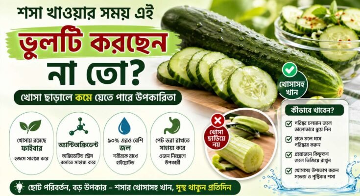 খোসাসহ তাজা শসা, যেখানে শসার খোসায় থাকা ফাইবার ও অ্যান্টিঅক্সিডেন্টের গুরুত্ব তুলে ধরা হয়েছে